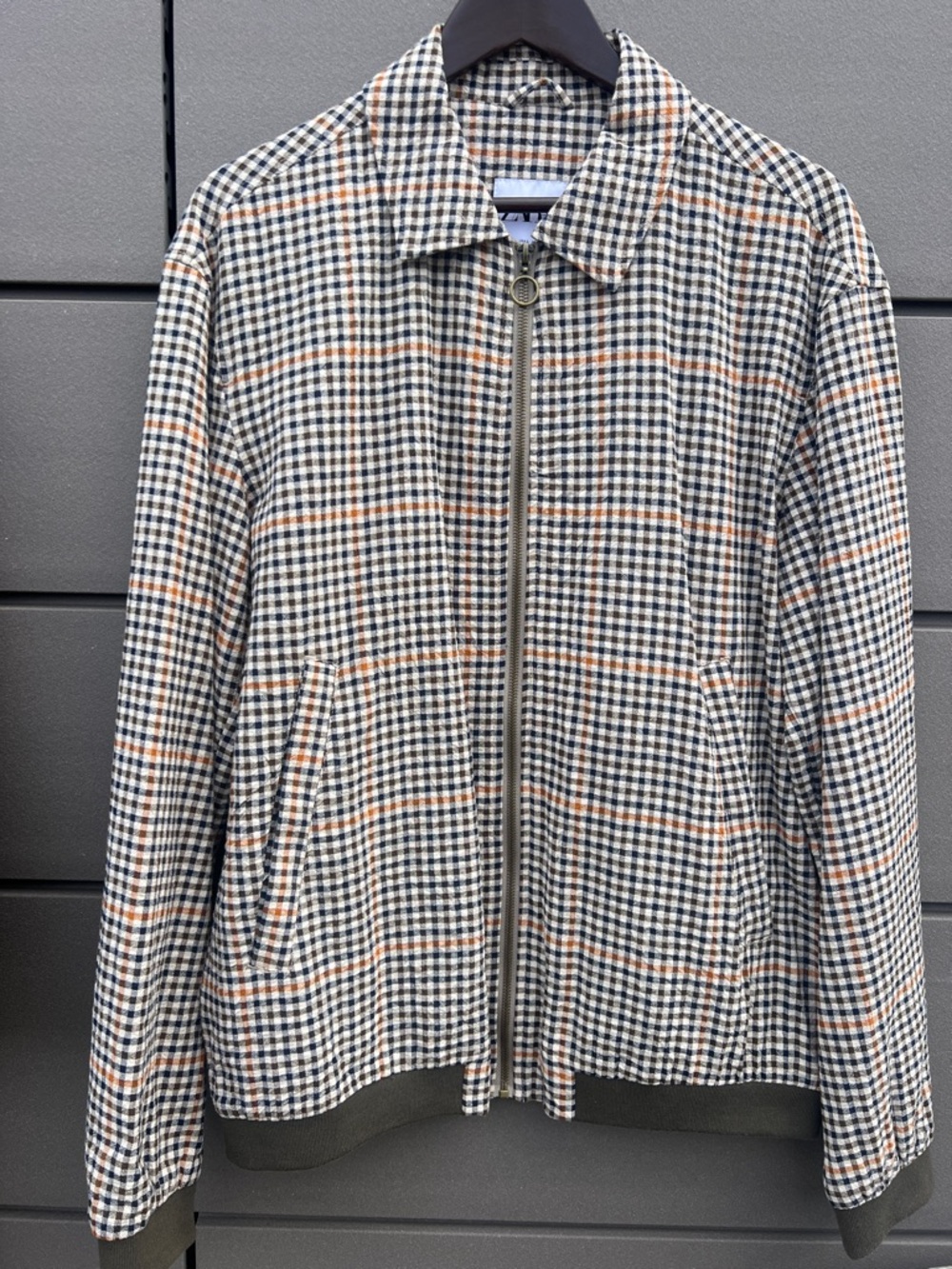 Zara Checked Bomber Jacket in Blue, White & Tan, Orange, and Olive Green